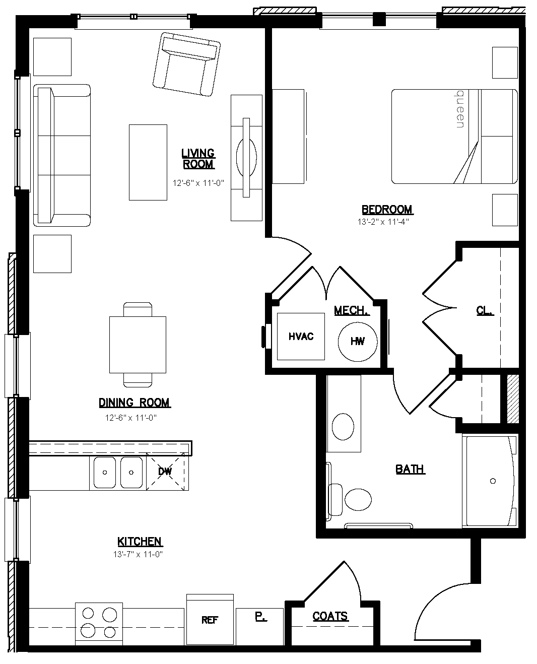 Floor plan for 1 bed, 1 bath, 844 sqft